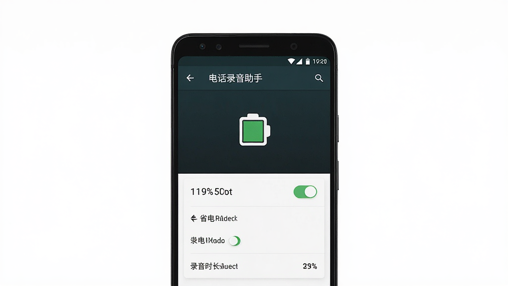 一部安卓手机显示电话录音助手的省电优化设置页面,主体为手机和电池图标,布局居中,排版简洁,风格为素雅极简,细节包括电池百分比、省电模式开关、录音时长统计,画质高清,干净,无多余元素