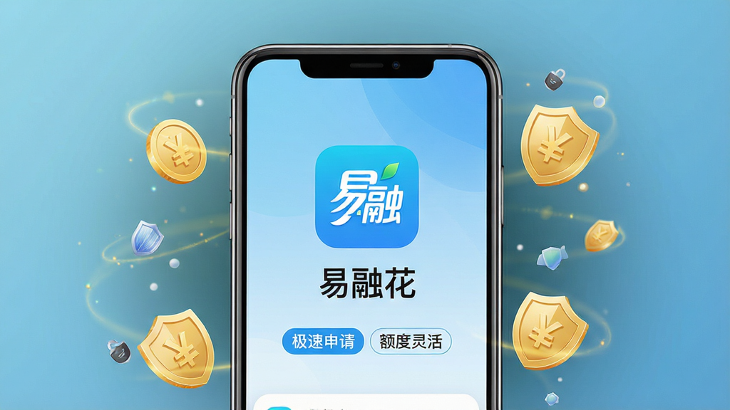 一张手机屏幕展示易融花APP首页界面,画面中央为“易融花”应用图标和名称,图标下方显示“极速申请”“额度灵活”等标签,背景为简洁的浅蓝色渐变,手机周围环绕少量金币和盾牌元素象征资金与安全,整体风格清新现代,画质清晰,构图干净,无多余元素