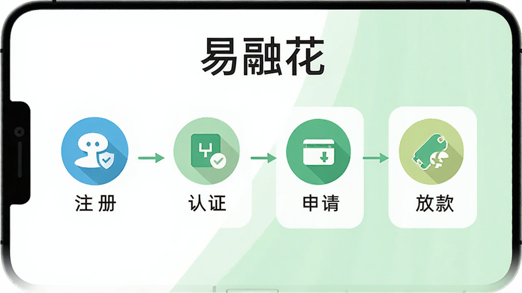 易融花操作流程示意图,手机屏幕展示注册、认证、申请、放款四个步骤图标,屏幕上方有“易融花”名称,背景为白色和淡绿色,风格扁平化,画质清晰,干净简洁,无多余元素