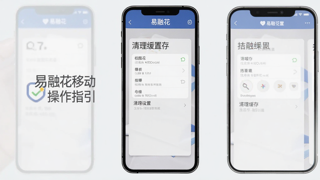 易融花移动端操作指引图,手机屏幕展示权限设置和清理缓存界面,屏幕上方有“易融花”名称,背景为浅灰色,风格简约,画质清晰,干净无多余元素