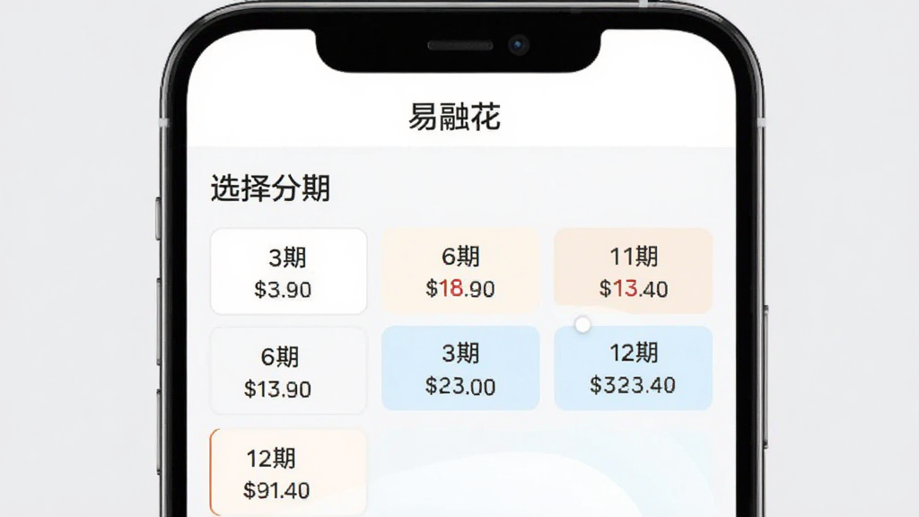 易融花APP分期选择界面示意图,手机屏幕显示“选择分期”页面,列出3期、6期、12期等选项,每期还款金额标注清楚,屏幕上方有“易融花”名称,背景为浅灰色,画面简洁,风格清新,画质干净,无多余元素