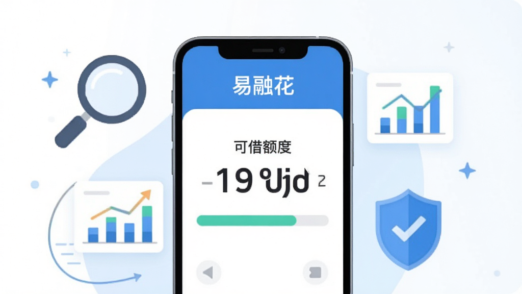 易融花APP额度评估页面截图风格插画,画面中心为手机屏幕显示“可借额度”数字和进度条,屏幕上方有“易融花”字样,周围有放大镜、数据图表、盾牌等元素,背景为白色和淡蓝色渐变,风格简洁商务,画质清晰,干净无多余元素