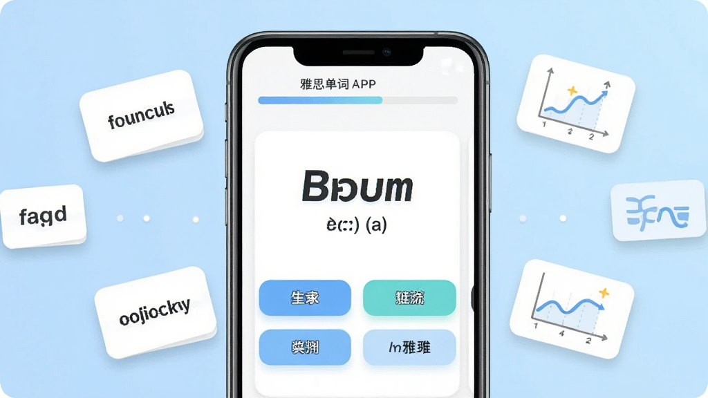 ��˼ն���� �ֻ�APP������չʾ������������һ�������ֻ�����Ļ����ʾ��˼ն����APP�ĵ��ʿ�Ƭѧϰ���棬�����н��������м��Ǵ��Ӣ�ĵ��ʼ����꣬�·����ĸ���������ѡ�ť������Ϊǳ��ɫ���䣬��ΧƯ���ŵ��ʿ�Ƭ�ͼ�������ͼ�꣬���ּ������������ִ���Լ��ƽ����ϸ�ڰ�����ť��Բ������Ӱ�����ʸ��壬�ɾ����޶���Ԫ��
