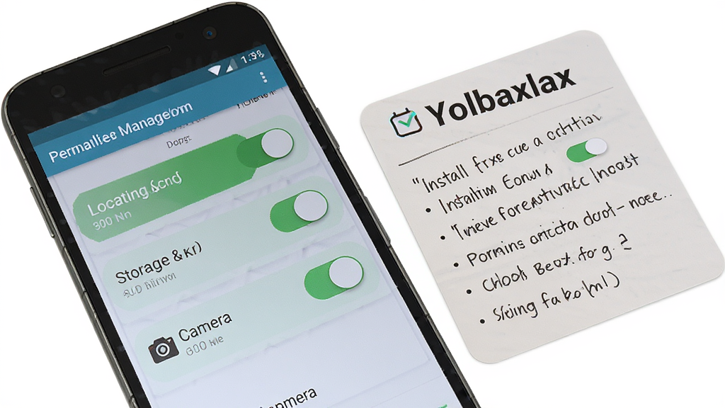 һ��չʾ Yolbaxlax ���ְ�װ��Ȩ�����ò���� AI ��ͼ����������Ϊһ����׿�ֻ�����Ļ����ʾȨ�޹������棬���������λȨ�ޡ��洢Ȩ�޺����Ȩ�޵Ŀ��ذ�ť���ֻ��Ա߷���һ��д�а�װ�������ʾ��Ƭ����Ƭ�ϱ�ע��Yolbaxlax����������ͼ����б�Ǹ��ӣ����Ϊ���̳̲�ͼ��ϸ����Ȩ�޿���״̬��������ʾ��Ƭ���ֿɱ桢�ֻ��߿��ʸ���ʵ�����ʸ��壬����ɾ����޶���Ԫ�ء�