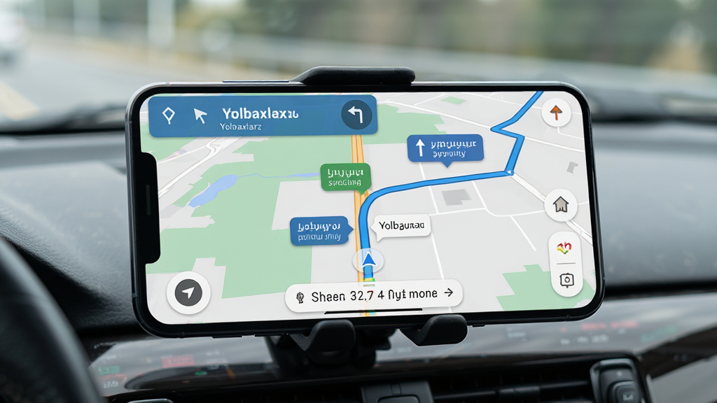 һ��չʾ Yolbaxlax ��׼·�߹滮���ܵ� AI ��ͼ����������Ϊһ��������׿�ֻ�����Ļ����ʾ Yolbaxlax ����·�߹滮���棬��ͼ������ɫ���߱�ע�Ƽ�·�ߣ�·������ά�����ת����ʾ���ݣ���Ļ�Ϸ���ʾĿ�ĵ����ƣ��·���ʾԤ�Ƶ���ʱ��;��룬�ֻ������������Ǳ���֧���ϣ�����Ϊ���ڻ����黯����ͼ���õ�һ�˳Ƽ�ʻ�ӽǣ����Ϊ��ʵ��ʻ����ģ�⣬ϸ����·��������������ʾ�����������Ǳ��̷�����Ȼ�����ʸ��壬����ɾ����޶���Ԫ�ء�