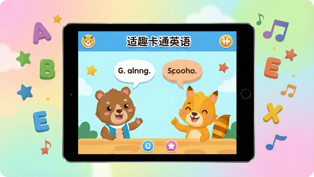 һ��ɫ���������õĶ�ͯӢ��ѧϰ�����廭����������չʾƽ�������Ļ�ϴ��š���Ȥ��ͨӢ�Ӧ�ý��棬��Ļ���пɰ��Ŀ�ͨ�����ɫ����˵Ӣ��Ի����ݣ���Χ������Ӣ����ĸ�����Ǻ�������װ��Ԫ�أ�����Ϊ��湹ͼ������ͻ����Ļ���棬���Ϊ��ͨ��ƽ���廭���ϸ�ڰ�����ͽ��䱳����Բ���ͼ��������ɫ�ʴ��䣬���ʸ��塢�ɾ����޶���Ԫ��