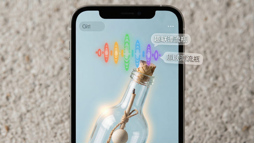 一张趣联漂流瓶语音消息功能的界面截图风格图,画面中手机屏幕显示一个打开的漂流瓶,瓶口飘出彩色声波图标,旁边有“趣联漂流瓶”小字标签,布局以手机为中心,风格现代简洁,细节上体现声波纹理和柔和光晕,画质高清干净,无杂乱元素