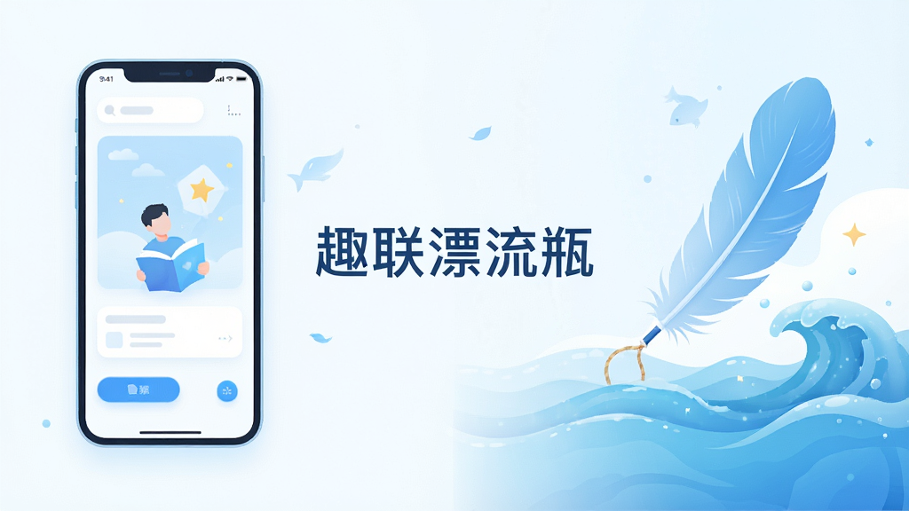 一幅展示趣联漂流瓶轻量级设计理念的示意图,画面左侧是简洁的手机界面,右侧是羽毛和海洋元素,中间用“趣联漂流瓶”文字连接,布局左中右结构,风格清新极简,细节上体现轻盈感和蓝色调,画质干净清晰,无多余元素
