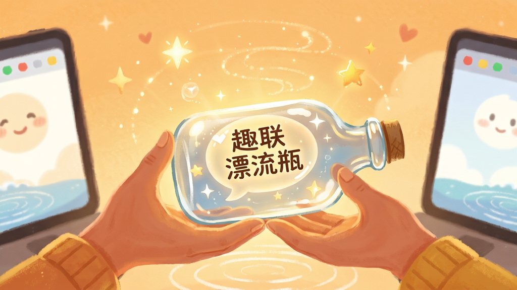 一个展现趣联漂流瓶随机匹配场景的插画,主体是两只手分别从屏幕左右两侧伸出,共同托起一个发光的玻璃瓶,瓶内漂浮着“趣联漂流瓶”文字气泡,布局采用对称构图,风格温暖治愈,细节上加入星光和波纹元素,画质细腻干净,无多余装饰