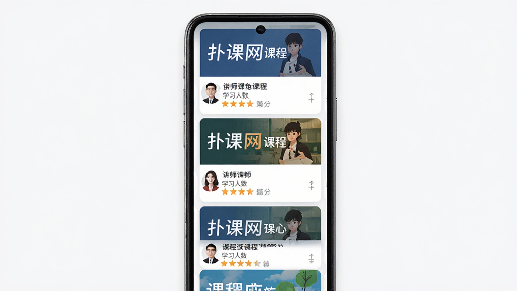 �˿���APP�γ��б�ҳ��չʾ������Ϊ�ֻ���Ļ�г��ֶ��ſγ̷���ͼ������Ϊ��������б����Ű��������������Ϊ�ִ���Լ��ƽ�磬ϸ�ڰ����γ̱��⡢��ʦͷ��ѧϰ�����������Ǽ���Ԫ�أ����ʸ��壬�ɾ����޶���Ԫ��