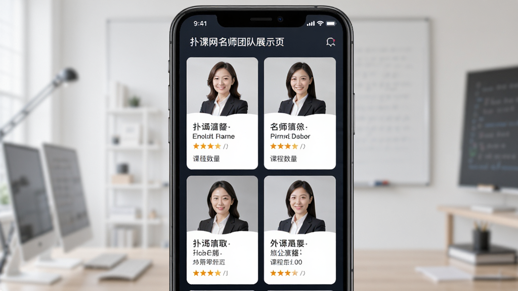 �˿�����ʦ�Ŷ�չʾҳ�棬����Ϊ�ֻ���Ļ�г��ֶ�λ��ʦͷ�����鿨Ƭ������Ϊ�������У��Ű���������Ϊ�����Լ�磬ϸ�ڰ�����ʦ������ͷ�Ρ����֡��γ����������ʸ��壬�ɾ����޶���Ԫ��