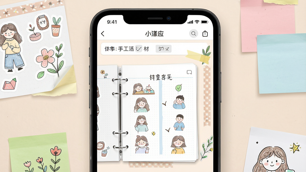 һ��չʾС��Ӧ�ý�����ֻ���ĻͼƬ����Ļ������ʾ�ֹ���ҳ�༭ҳ�棬��Χ������������ֽ����ɫ��ǩ���ֻ�Ԫ�أ�����Ϊ��͵�ǳ��ɫ��������¼�Լ��ϸ�����������ʸɾ����޶���Ԫ��