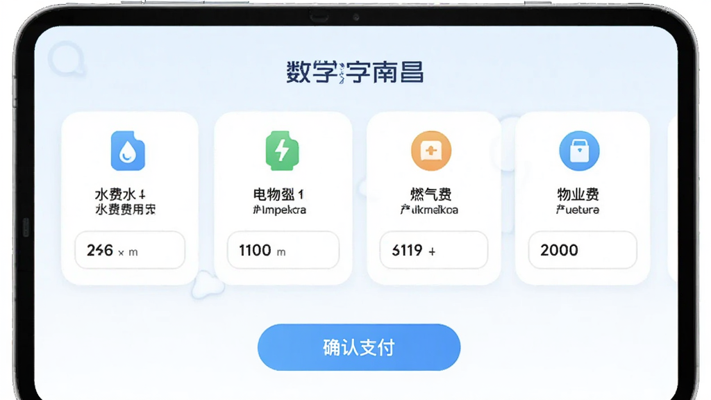 �����ϲ�Ӧ������ɷ�ҳ�棬��Ļ��ʾˮ�ѡ���ѡ�ȼ���ѡ���ҵ�ѽɷѿ�Ƭ��ÿ�ſ�Ƭ���ж�Ӧͼ����������򣬵ײ���ȷ��֧����ť������������ǳɫ��Բ�ǿ�Ƭ��ƣ���������������Ϊ�������ϲ���