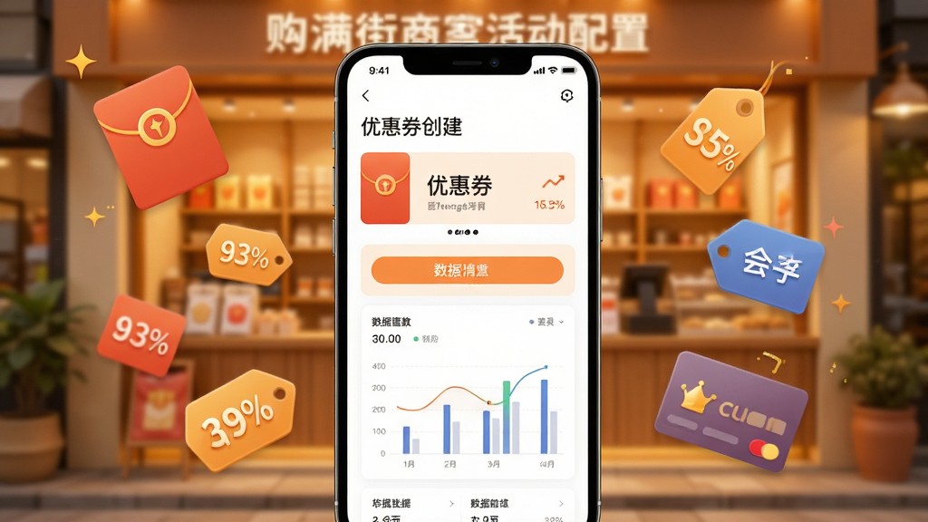 �������̼�Ӫ�������ҳ�棬�ֻ���Ļ��ʾ�Ż�ȯ��������������ͼ������Χ��׺������ۿ۱�ǩ����Ա����ͼ�꣬����Ϊůɫ�����̳���������ִ���࣬�������������ʸɾ����޶���Ԫ��