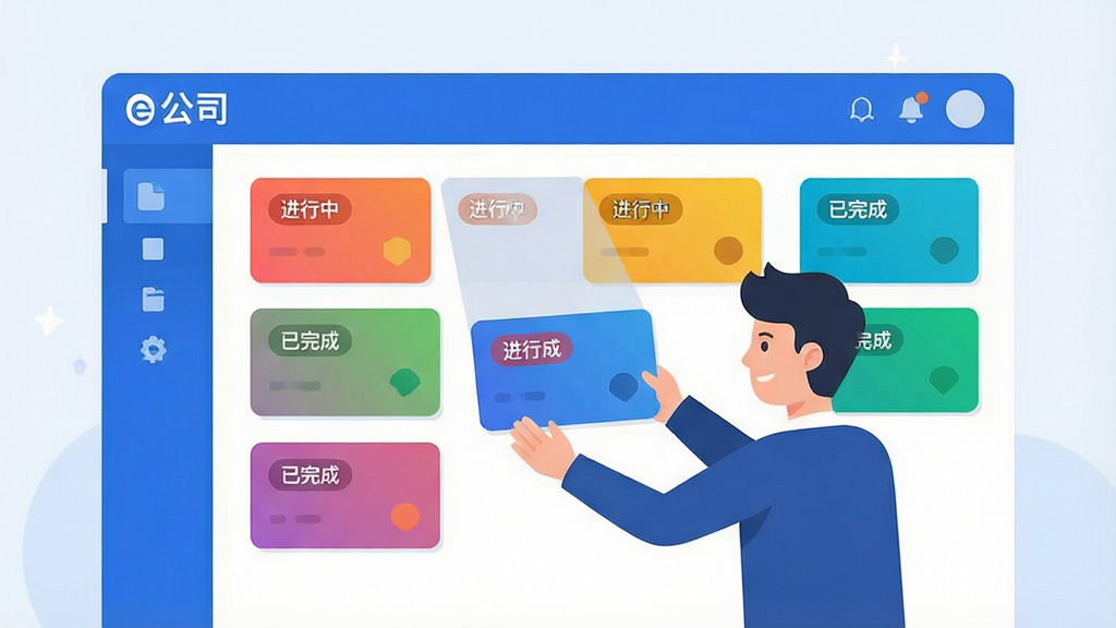 һ�ű�ƽ�����Ĳ�ͼ��չʾe��˾������������塣�������ж����ɫ��Ƭ������ͬ���񣬿�Ƭ���С������С���������ɡ��ȱ�ǩ��һ����ͨ����ְ������������ק��Ƭ��������࣬����ɫ�Ͱ�ɫΪ��ɫ���������д��С�e��˾�����ֱ�ʶ��ʸ�����ɫ�����죬�����������ɾ�������Ԫ�ء�