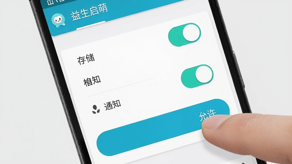����չʾһ����׿�ֻ���Ļ��д����Ļ����ʾ���������ȡ�App��Ȩ�����ý��棬�д洢�������֪ͨ�ȿ��ذ�ť���Ա���һֻ�����ڵ������������ť������Ϊ����ǳ��ɫ�����ΪдʵUI��ͼ�磻ϸ���ϰ�ť������ʾ�������������������ʸ��壬�ɾ�������