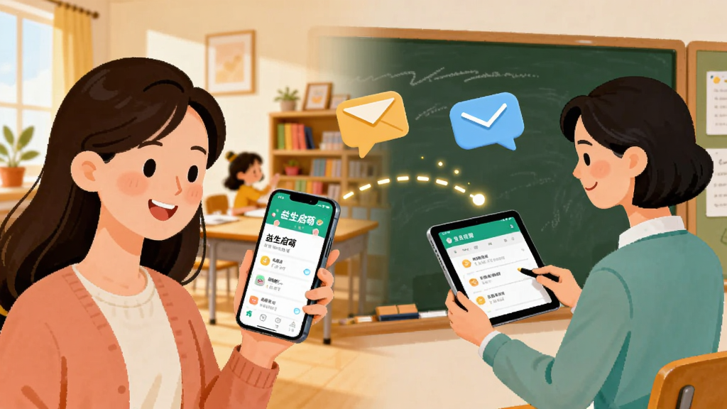 ���������һλ����ĸ���ֳ��ֻ��鿴���������ȡ�App�ϵİ༶֪ͨ���Ҳ���һλ��ʦվ�ڽ��Һڰ�ǰ��ƽ�巢����ҵ������֮����һ��������������ӣ�������Ư�����ŷ�ͶԻ�����ͼ�ꣻ��������ܰ�Ľ������ͥ�������ڣ����Ϊ�ִ��廭��ɫ����ů������ϸ�����ֻ���Ļ��ʾ���������ȡ���������������������ã�����ϸ�壬��ͼƽ�⣬������Ԫ��