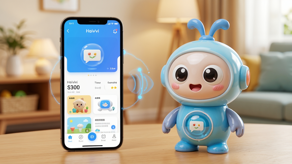 һ��չʾHaivivi����������ֻ�App���������ĸ���ͼƬ������������һ�������ֻ���Ļ��ʾHaiviviӦ�ý��棬�Ա߷�����һ���ɰ��İͲ������ܶԻ���ߣ���������ܰ�ļҾӻ��������Ϊ�ִ��Ƽ�������ܰ�����ϣ�ϸ�ڷḻ�������������ɾ��޶���Ԫ�أ����ֱ�ע