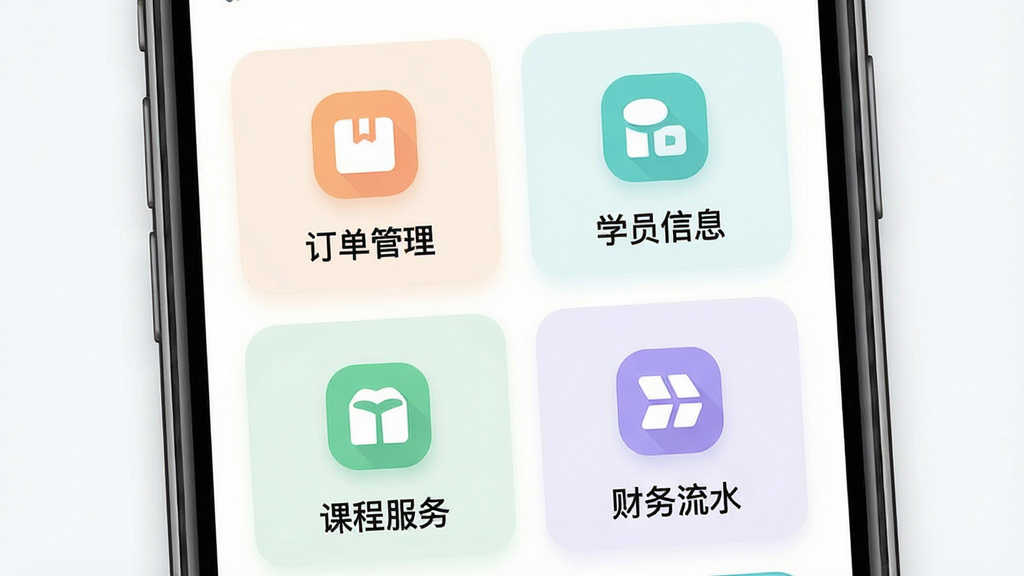 һ��չʾ��·�̼Ҷ�App����ģ��Ľ����ͼ���ͼƬ���������ֻ���ĻΪ���壬��Ļ�ڳ�����·�̼Ҷ˵Ķ���������ѧԱ��Ϣ���γ̷��񡢲�����ˮ�Ĵ���ģ��ͼ�꣬����Ϊ2x2�������У����Ϊ�ִ���ƽ����ƣ�ϸ�ڰ���������ͼ�ꡢ��͵���ɫ���������ֱ�ǩ�����ʸ��壬�ɾ����޶���Ԫ��