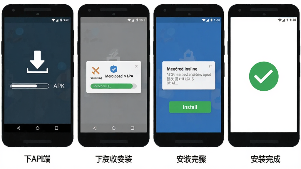 ���乫˾�˰�׿�ֻ���װ����ʾ��ͼ������չʾһ����׿�ֻ�������APK����װ��ɵ��ĸ����裬ÿ����������Сͼ��ͼ������˵��������Ϊ��ɫ�����Ϊ��ƽ���̳̲廭��ϸ�ڰ������ؽ�������Ȩ�޵�������װ��ť����ɶԹ������������ɾ����޶���Ԫ��