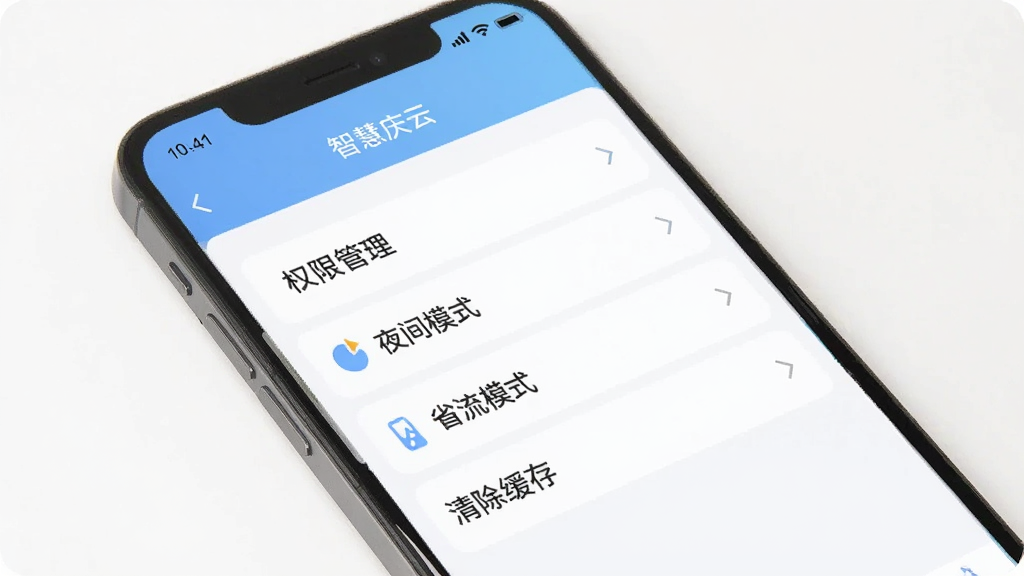 �ֻ���Ļչʾ���ǻ����ơ�APP������ҳ�棬ҳ���а���Ȩ�޹�����ҹ��ģʽ��ʡ��ģʽ����������ѡ���������������ɫ��ͣ����Ϊ��ƽ��UI��ƣ�ϸ�ھ��£����ʸ��壬�ɾ��޶���Ԫ��