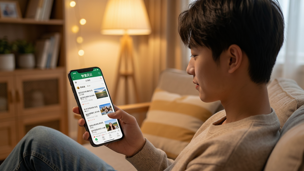 һλ����������ɳ�������ֻ�������ǻ����ơ�APP������ҳ�棬��Ļ��ʾ���Ʊ��������б���ͼƬ���ֻ���������չʾ���ǻ����ơ�����������Ϊ��ܰ�ļҾӻ�����ůɫ���ƹ⣻���Ϊдʵ��Ӱ��ϸ�ڷḻ�����ʸ��壬�ɾ��޶���Ԫ��