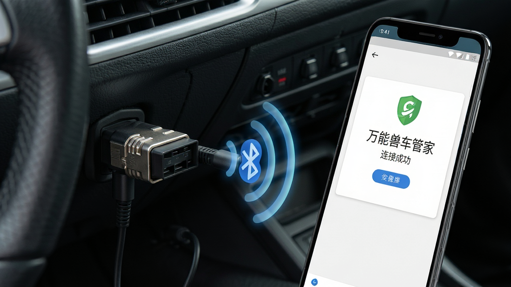 һ��չʾ�ֻ���������OBD�豸�Ĳ���ʾ��ͼ��������һ����׿�ֻ�ͨ�������ź��������������·���OBD�ӿ��������ֻ���Ļ��ʾ�������޳��ܼҡ����ӳɹ�����ʾ������Ϊб��ͼ�����Ϊдʵ�Ƽ��磬ϸ������������������OBD�ӿ��н����ʸУ����ʸ��壬����ɾ��޶�������