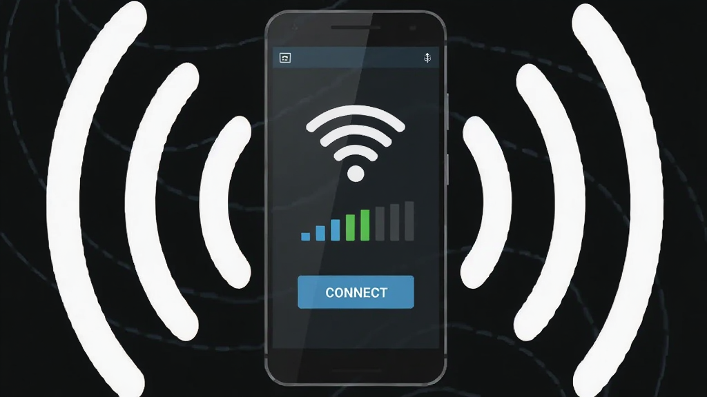 ����Ϊһ����׿�ֻ���Ļ��ʾWiFi�ź�ɨ����棬���־���չʾ�ֻ�����Χ�����źŲ��ƣ��Ű���ú�湹ͼ�����Ϊ�Ƽ���Լ��ƽ���廭��ϸ�ڰ����ֻ���WiFiͼ�ꡢ�ź�ǿ���������Ӱ�ť�����ʸ���ɾ��޶���Ԫ�ء�