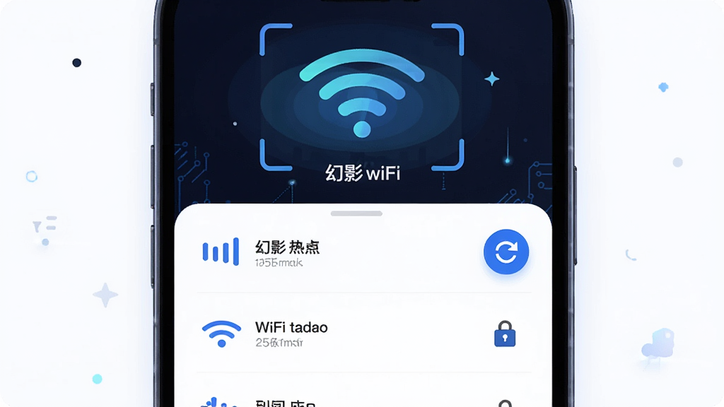 ����Ϊ�ֻ�����չʾWiFi�ȵ��б������ֲ������½ṹ�Ϸ�Ϊɨ�趯���·�Ϊ�б����Ű��������������Ϊ�ִ��Ƽ���UI�廭��ϸ�ڰ����źŸ�ͼ�ꡢ����ͼ�ꡢˢ�°�ť�������д����֡���Ӱwifi�������ʸ���ɾ��޶���Ԫ�ء�