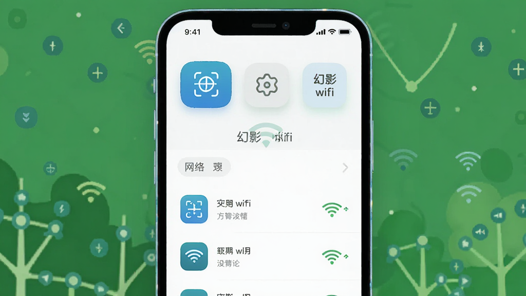 ����Ϊ�ֻ�չʾ��Ӱwifi�����棬���ֲ������·����Ϸ�Ϊ���ܰ�ť�·�Ϊ�����б����Ű�ɾ����䣬���Ϊ��������UI�廭��ϸ�ڰ���ɨ�谴ť������ͼ�ꡢWiFi�źű�ʶ�������д����֡���Ӱwifi�������ʸ���ɾ��޶���Ԫ�ء�