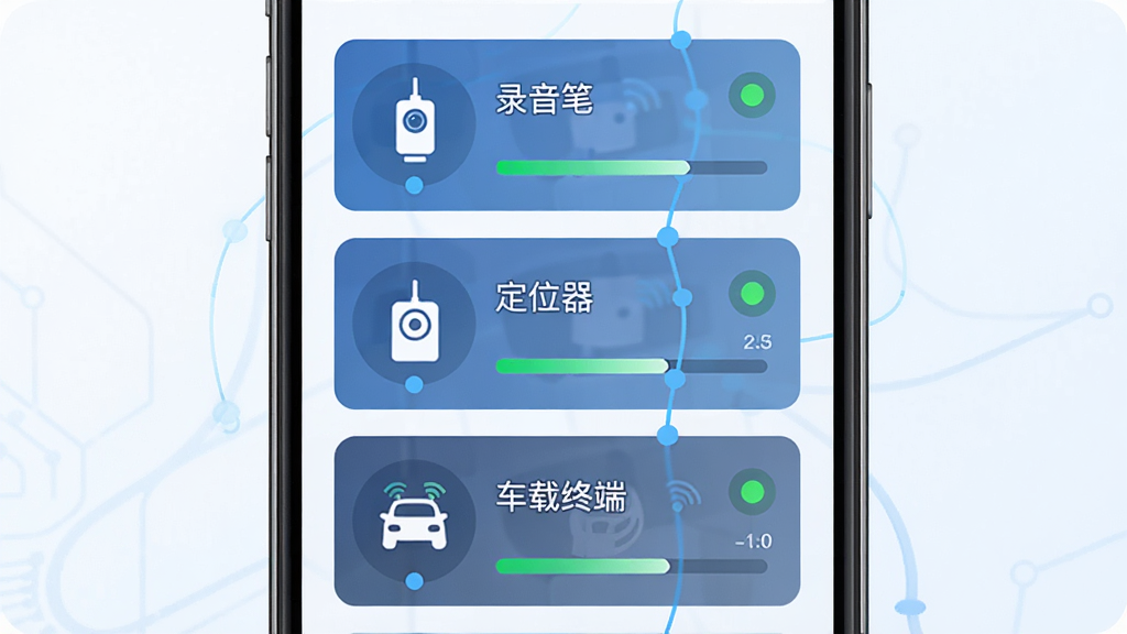 �����������豸��������ʾ��ͼ����������Ϊ�ֻ���Ļ��ʾ�����豸��Ƭ���ֱ��ע��¼���ʡ�����λ�����������նˡ���ÿ����Ƭ����״ָ̬ʾ�ƺ͵�����������Ϊ�������У�������¿Ƽ��У�ϸ�ڰ���ͼ�ꡢ���ֱ�ǩ������״̬Բ�㣬�����������ɾ����޶���Ԫ��