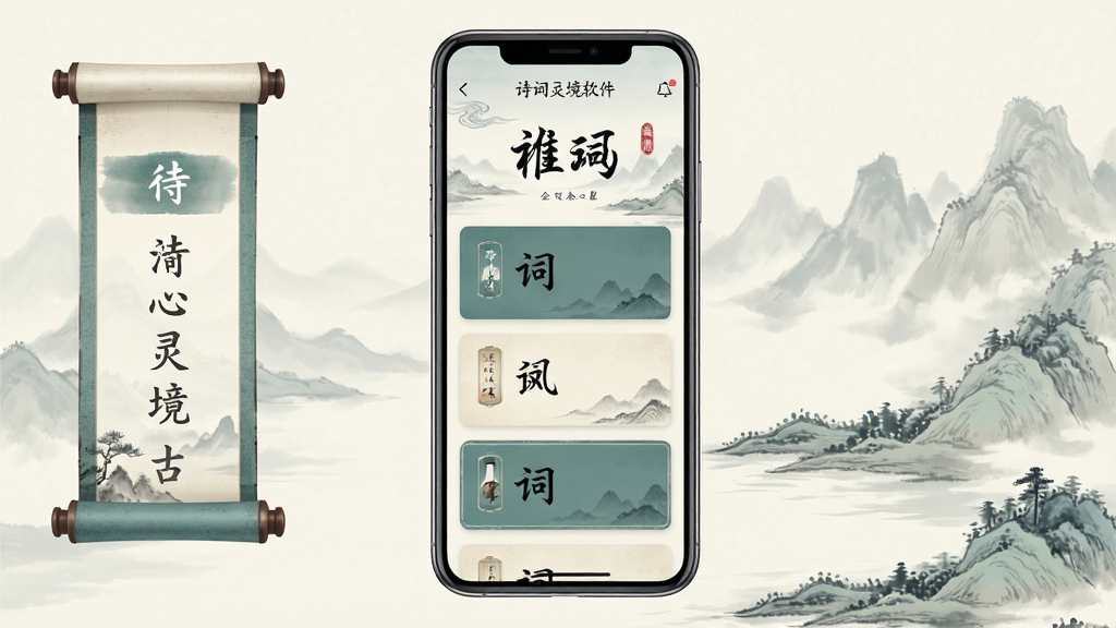 诗词灵境软件主界面全貌展示,主体为一款手机应用界面,布局为竖屏手机屏幕居中展示,排版采用古典中国风设计,风格为水墨淡雅国风,细节包括卷轴式导航栏、诗词卡片列表、青绿色与米白色配色、毛笔字标题、山水背景纹样,画质高清,干净,无多余元素