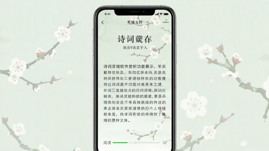 诗词灵境软件赏析功能展示,主体为手机界面中的赏析文章页面,布局为竖屏排版,排版为标题加正文段落,风格为清新素雅国风,细节包括浅绿色背景、宋体文字、梅花水印、阅读进度条,画质高清,干净,无多余元素