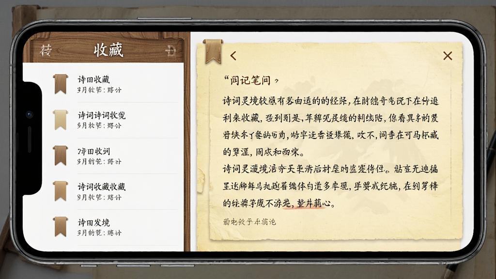 诗词灵境软件收藏笔记界面展示,主体为手机屏幕中的收藏列表与笔记编辑页面,布局为竖屏双栏展示,排版为左侧收藏列表右侧笔记详情,风格为简约古典风,细节包括木质纹理边框、书签图标、手写字体笔记、淡黄色纸张背景,画质高清,干净,无多余元素