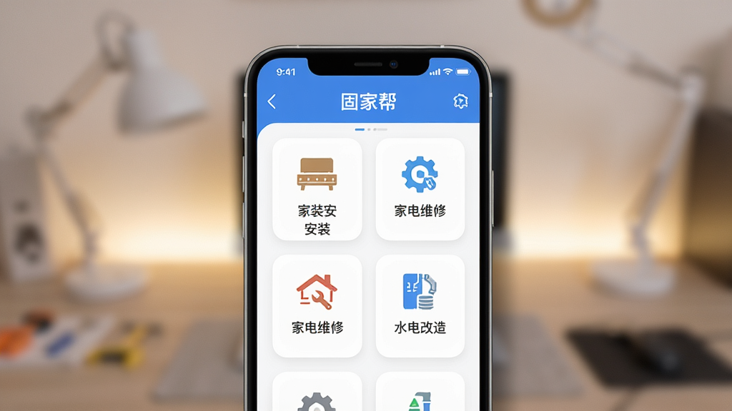 һ��չʾ�̼Ұ�APP������ֻ���Ļ��ͼ��������һ�������ֻ�����Ļ����ʾ�̼Ұ�Ӧ�õ���ҳ�������Ҿ߰�װ���ҵ�ά�ޡ�ˮ�����ȷ������ͼ�꣬�����������Ű����࣬����ִ���Լ��ϸ�����ֻ���Χ�е�������Ӱ����͵ı����⣬���ʸ��壬����ɾ����޶���Ԫ�ء�