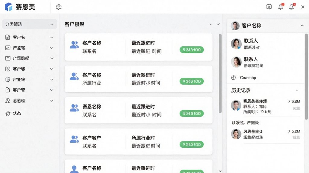 �����������ͻ�����ģ����棬�������Ϊ����ɸѡ�����м�Ϊ�ͻ��б���Ƭ��ÿ����Ƭ�����ͻ����ơ�������ҵ���������ʱ����״̬��ǩ���Ҳ�Ϊѡ�пͻ���������壬չʾ��ϵ������ʷ��¼�����岼�����������Ϊǳɫ����磬ϸ����ͼ�ꡢ״̬ɫ�顢�����������ʸɾ����޶���Ԫ��