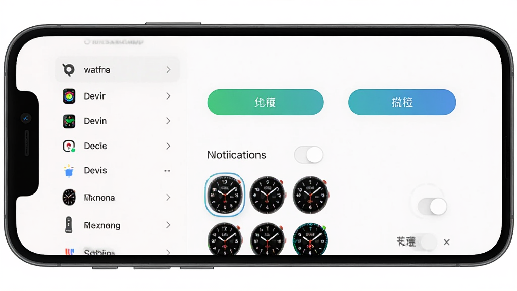 һ��AI��ͼ���������ֻ���Ļ����ʾwatchapp�Ĳ������棬����Ϊ�ֻ�������д���Ű���У����ΪдʵUI���ϸ�ڰ����豸�б������Ӱ�ť��֪ͨ���ء���������ͼ�����ʸ��壬�ɾ����޶���Ԫ��