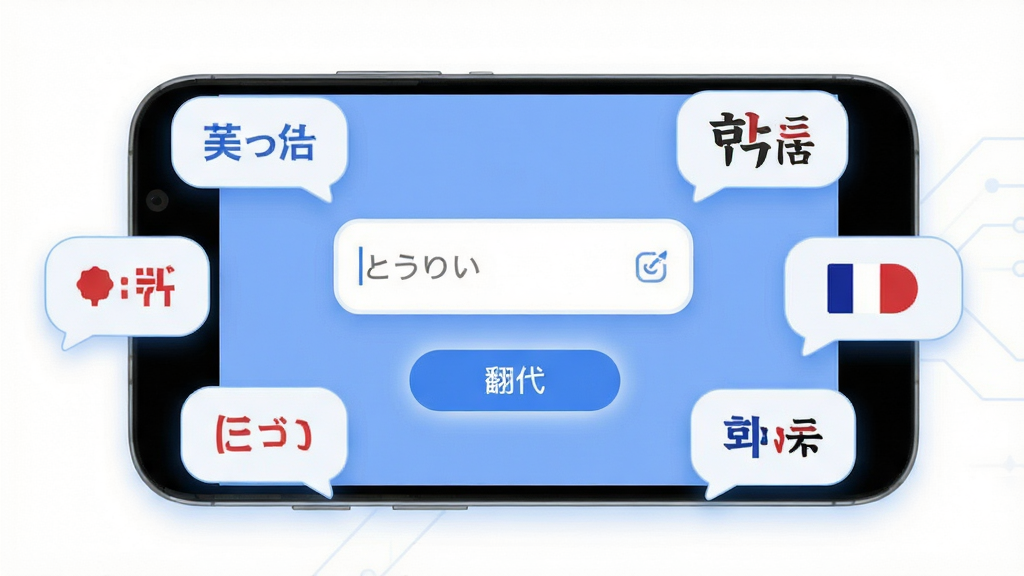 一键翻译软件主界面展示,主体为一部安卓手机屏幕,屏幕中央显示翻译输入框与翻译按钮,周围环绕多国语言气泡如英语、日语、韩语、法语等,布局简洁居中,排版清晰,风格为现代科技扁平化,细节包含柔和的蓝白配色、圆角图标、微光效,画质高清干净无多余元素