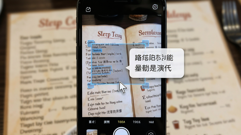 一键翻译拍照功能演示图,主体为手机摄像头对准一份英文菜单,屏幕中英文文字被识别框选并显示中文翻译浮层,布局为手机居中、菜单背景虚化,排版突出识别区域,风格为写实应用场景,细节包含识别光标、翻译气泡、清晰文字,画质高清干净无多余元素