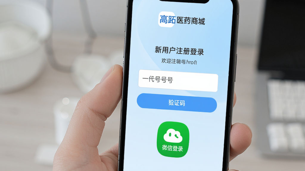 ����ҽҩ�̳����û�ע���¼ҳ�棬�ֻ���Ļ��ʾ�ֻ����������֤���ȡ��ť��΢�ŵ�¼ͼ�꣬����Ϊ��͵�ǳ��ɫ���䣬������Ӧ��Logo�ͻ�ӭ����������¼�࣬�������������ʸ��壬�޶���װ��Ԫ�ء�