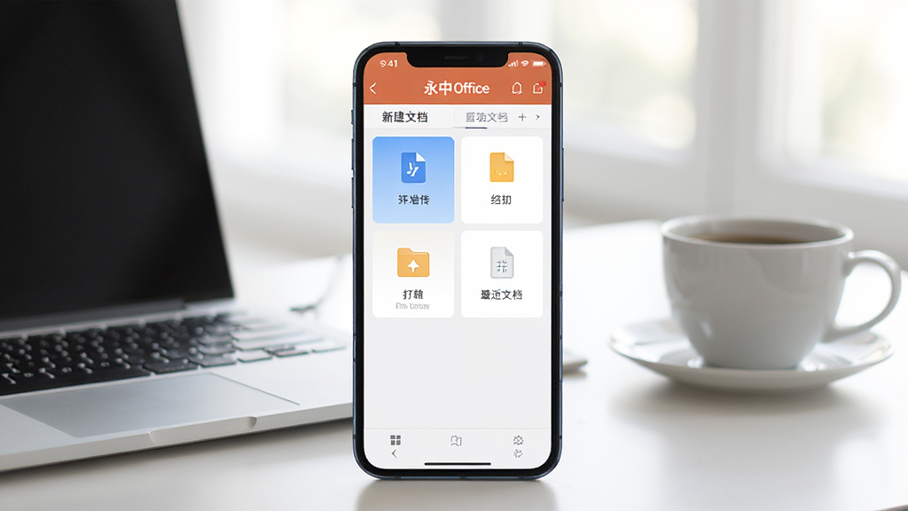 一张展示永中Office移动端主界面的场景图,画面中央是一部智能手机,屏幕上显示永中Office的应用主页面,页面布局包含新建文档、打开文件、最近文档等模块,手机两侧有淡淡的办公桌面背景,桌面上放着一台笔记本电脑和一杯咖啡,整体光线明亮柔和,风格为写实科技风,细节清晰,画质高清干净,无多余元素