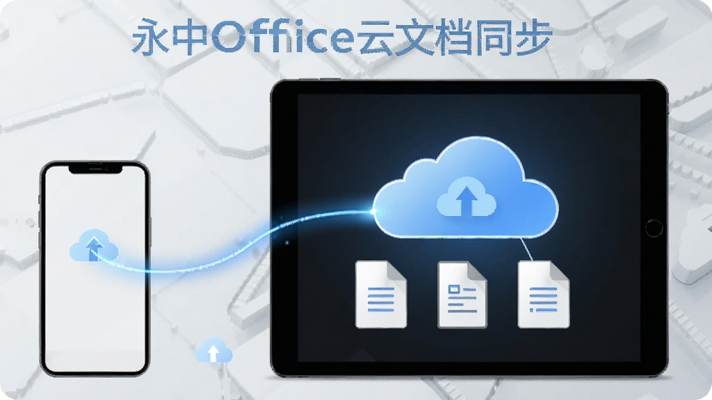 一张展示永中Office云文档同步功能的示意图,画面中一部手机和一台平板电脑之间有一条发光的云朵连接线,云朵下方显示文档图标,背景为浅灰色科技纹理,风格为简约科技风,画质高清,干净无多余元素