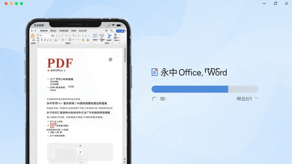 一张展示永中Office PDF转换功能的界面图,画面中手机屏幕上显示一份PDF文档正在转换为Word文档的进度条,界面简洁清晰,背景为淡蓝色渐变,风格为扁平化设计,画质高清,干净无多余元素