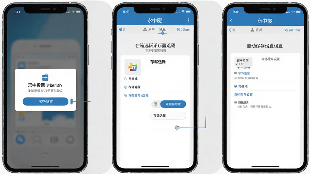 一张展示永中Office新手安装设置流程的示意图,画面中一部手机屏幕上依次显示安装权限弹窗、存储选择界面和自动保存设置页面,三个界面以卡片形式并排展示,背景为浅灰色,风格为扁平化信息图,画质高清,干净无多余元素