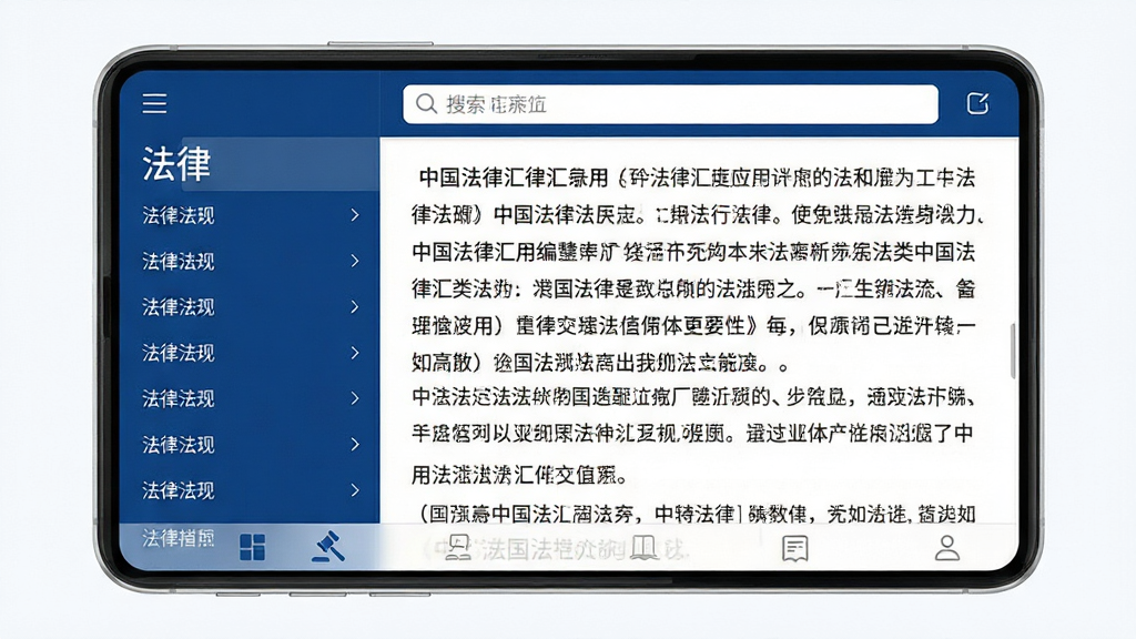 手机屏幕展示中国法律汇编应用界面,以深蓝色和白色为主色调,界面左侧是法律法规分类目录,右侧显示具体法律条文内容,顶部有搜索栏,底部有导航菜单,画面干净整洁,文字清晰可读,扁平化设计风格,高分辨率,无多余元素