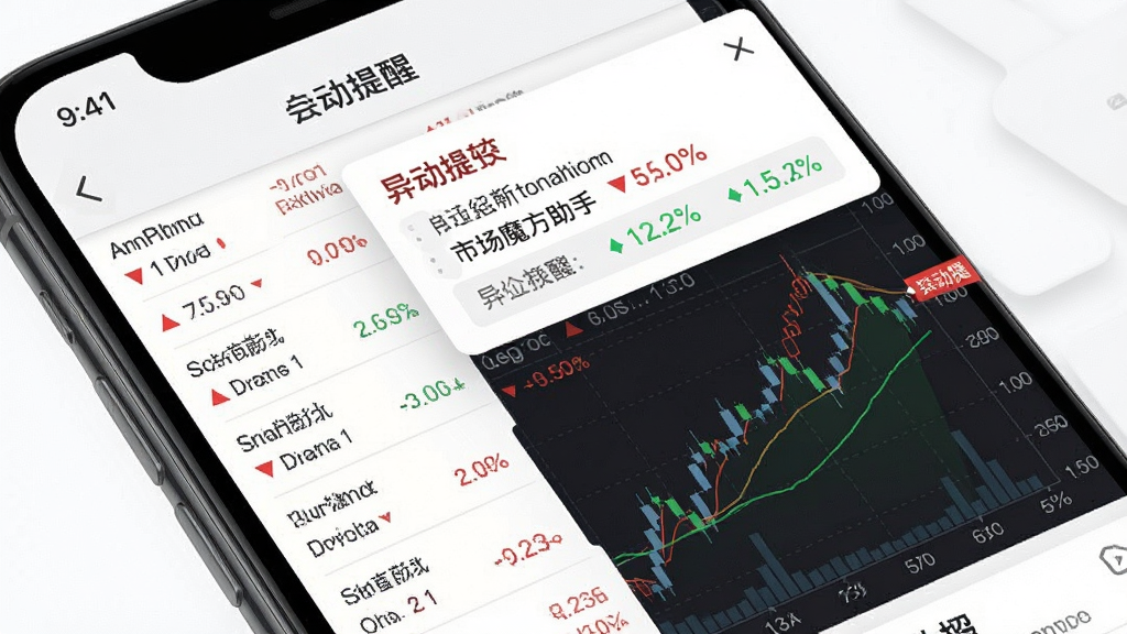 市场魔方助手手机端实时行情页面,画面主体为手机屏幕,屏幕内显示自选股列表与分时走势图,顶部有异动提醒弹窗,布局紧凑,风格简约扁平化,细节包含红绿涨跌数字,画质高清,干净无多余元素