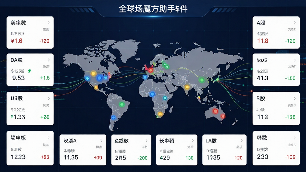 市场魔方助手软件内的全球产业数据聚合看板,画面中央为世界地图轮廓,地图上分布着不同颜色的数据节点,四周环绕着美股、A股等指数卡片,布局对称,风格商务科技,细节包含动态数据线条,画质清晰,干净无多余元素