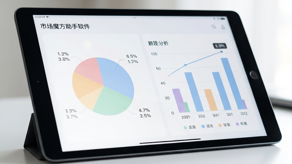 市场魔方助手软件内的可视化图表分析界面,画面主体为平板电脑或手机屏幕,屏幕内展示色彩柔和的饼状图与柱状图,图表旁有数据标注,布局整洁,风格清新商务,细节包含数据标签,画质高清,干净无多余元素