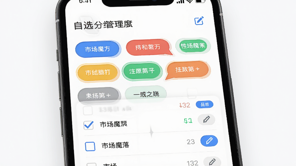 市场魔方助手自选分组管理界面,画面主体为手机屏幕,屏幕内显示多个彩色标签分组与股票列表,支持拖拽排序的视觉暗示,布局清爽,风格现代简约,细节包含勾选框与编辑按钮,画质高清,干净无多余元素