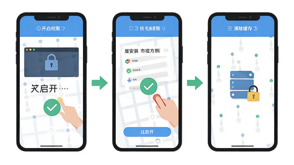 市场魔方助手新手安装设置流程图,画面主体为手机屏幕操作步骤分解,包含开启权限、点击安装、清除缓存三个场景,布局从左至右排列,风格扁平化插画,细节包含对勾与箭头指示,画质清晰,干净无多余元素